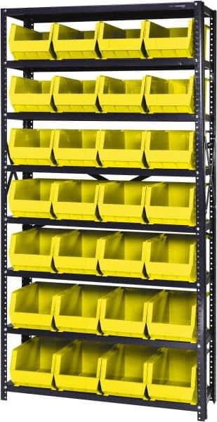 Quantum Storage - 12" Deep x 36" Wide x 75" High, Steel Open Hopper Storage Unit - 7/8 Shelves, 28 Yellow Plastic Bins, 8-1/4" Bin Width x 7" Bin Height x 14-3/4" Bin Depth - Caliber Tooling