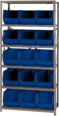 Quantum Storage - 18" Deep x 36" Wide x 75" High, Steel Open Hopper Storage Unit - 5/6 Shelves, 15 Blue Plastic Bins, 11" Bin Width x 10" Bin Height x 18" Bin Depth - Caliber Tooling