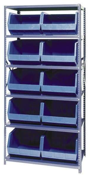 Quantum Storage - 18" Deep x 36" Wide x 75" High, Steel Open Hopper Storage Unit - 5/6 Shelves, 10 Blue Plastic Bins, 16-1/2" Bin Width x 11" Bin Height x 18" Bin Depth - Caliber Tooling