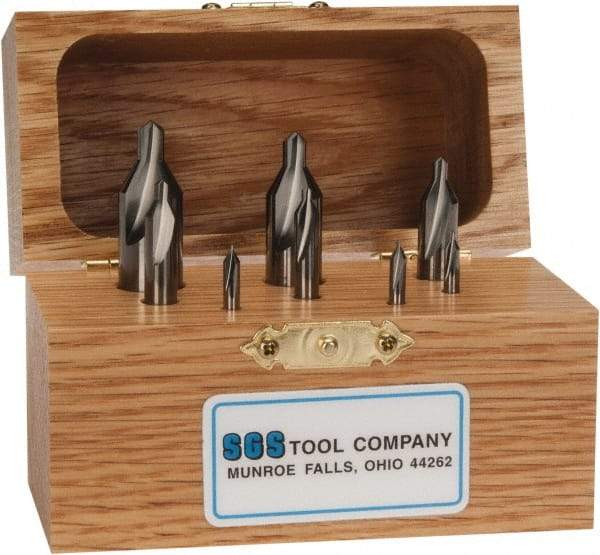 SGS - 8 Piece, #00 to 6, 1/8 to 1/2" Body Diam, 1/32 to 7/32" Point Diam, Plain Edge, Solid Carbide Combo Drill & Countersink Set - 60° Incl Angle, 1-1/2 to 3" OAL, Double End, 301 Series Compatibility - Caliber Tooling