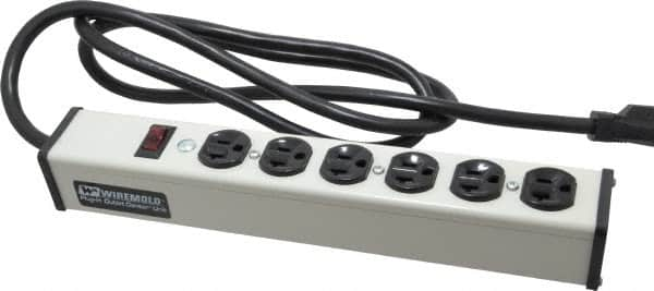 Wiremold - 6 Outlets, 120 Volts, 20 Amps, 6' Cord, Power Outlet Strip - Free Hanging Mount, 5-20 NEMA Configuration, 13-1/4" Strip, cULus Listed - Caliber Tooling