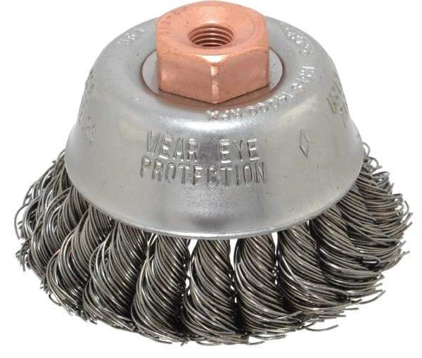 Osborn - 2-3/4" Diam, 3/8-24 Threaded Arbor, Steel Fill Cup Brush - 0.02 Wire Diam, 14,000 Max RPM - Caliber Tooling