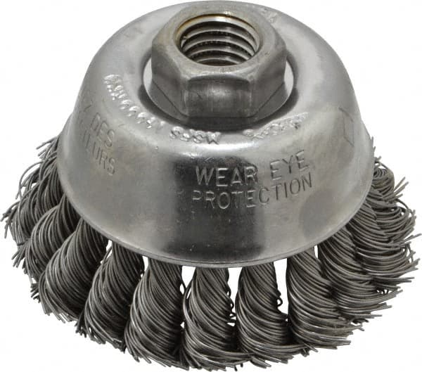 Osborn - 2-3/4" Diam, 5/8-11 Threaded Arbor, Steel Fill Cup Brush - 0.02 Wire Diam, 14,000 Max RPM - Caliber Tooling