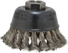 Osborn - 2-3/4" Diam, 5/8-11 Threaded Arbor, Stainless Steel Fill Cup Brush - 0.014 Wire Diam, 14,000 Max RPM - Caliber Tooling