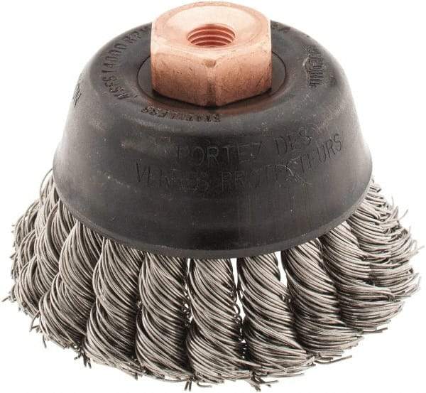 Osborn - 2-3/4" Diam, 3/8-24 Threaded Arbor, Stainless Steel Fill Cup Brush - 0.02 Wire Diam, 14,000 Max RPM - Caliber Tooling