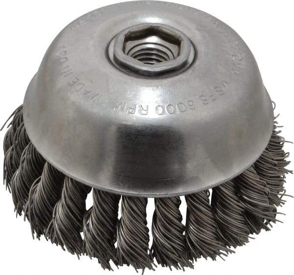 Osborn - 4" Diam, 5/8-11 Threaded Arbor, Steel Fill Cup Brush - 0.025 Wire Diam, 1-1/4" Trim Length, 6,000 Max RPM - Caliber Tooling