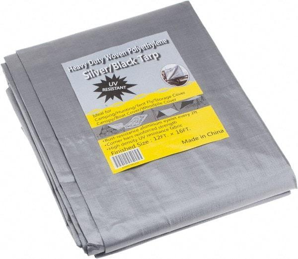 Value Collection - 16' Long x 12' Wide Polyethylene Tarp & Dust Cover - Black & Silver, Grommet, 11 to 12 mil Thickness - Caliber Tooling