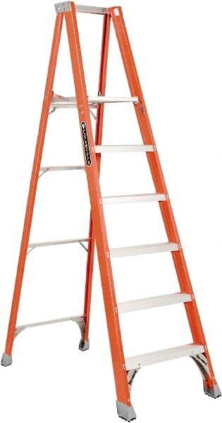 Louisville - 4 Steps, 4' High, Type IA Rating, Fiberglass Platform Ladder - 300 Lb Capacity, 25-1/8" Base Width - Caliber Tooling