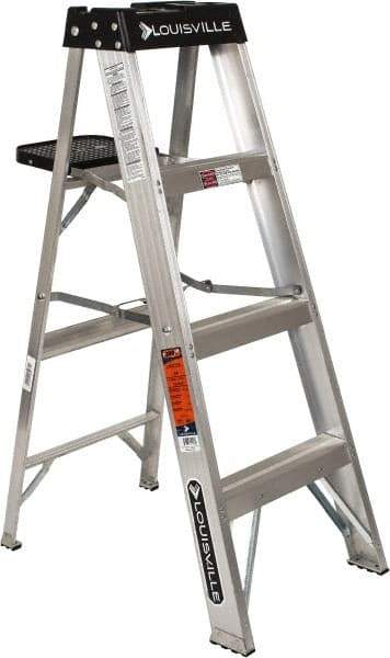 Louisville - 3 Steps, 4' High, Type IA Rating, Aluminum Step Ladder - 300 Lb Capacity, 18-5/8" Base Width - Caliber Tooling