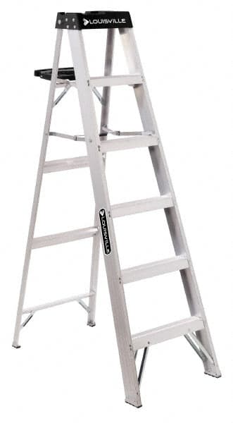 Louisville - 5 Steps, 6' High, Type I Rating, Aluminum Step Ladder - 300 Lb Capacity, 21-5/8" Base Width - Caliber Tooling