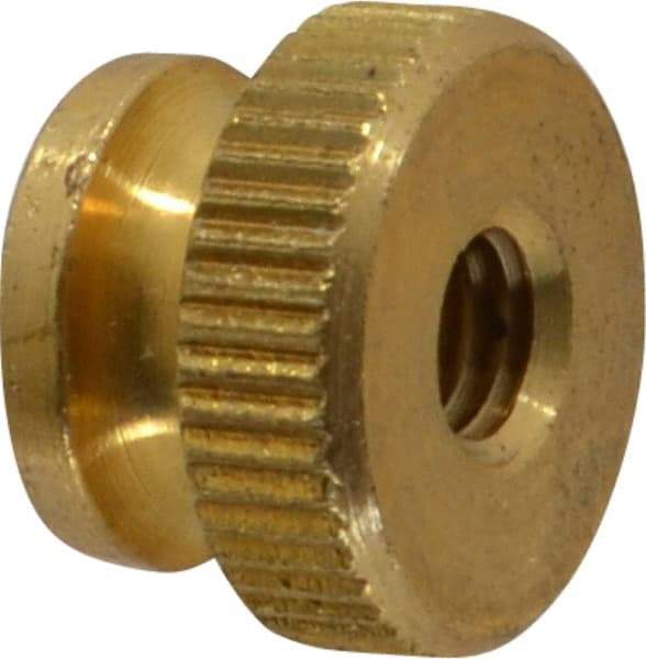 Electro Hardware - #10-32 UNF Thread, Uncoated, Grade B-633 Brass Round Knurled Thumb Nut - 11/32" Overall Height, 1/2" Head Diam - Caliber Tooling