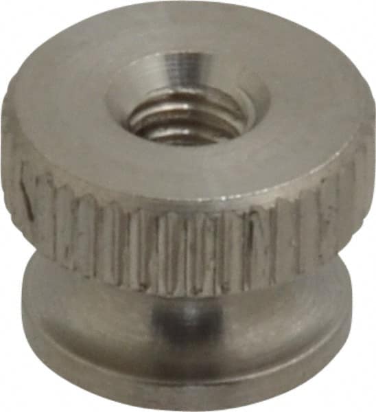 Electro Hardware - #6-32 UNC Thread, Uncoated, Grade 302, 303 Stainless Steel Round Knurled Thumb Nut - 9/32" Overall Height, 3/8" Head Diam - Caliber Tooling