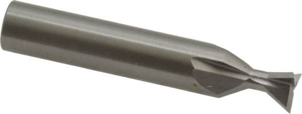 Made in USA - 3/8" Diam x 3/16" Width of Cut, 60° Included Angle, Carbide-Tipped Dovetail Cutter - 3/8" Shank Diam, 2-1/8" Overall Length, 0.0050-0.0100" Corner Radius, Weldon Flat, Uncoated - Caliber Tooling