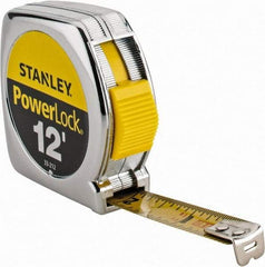 Stanley - 12' x 1/2" Yellow Blade Tape Measure - 1/32 & 1/16" Graduation, Inch Graduation Style, Silver Case - Caliber Tooling