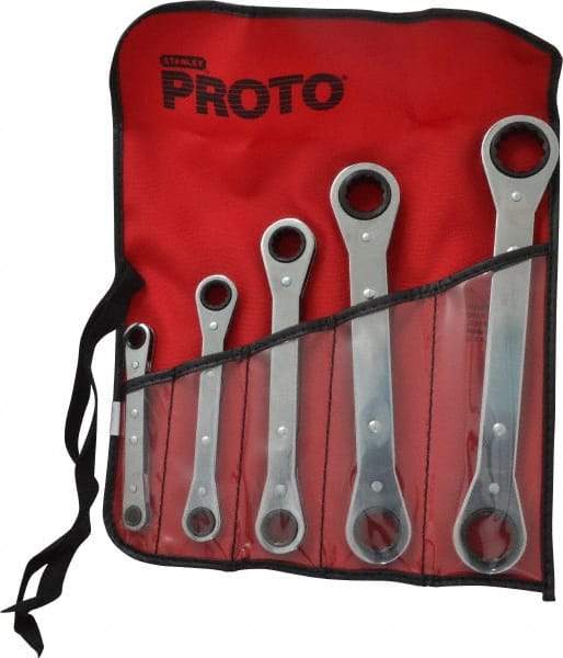 Proto - 5 Piece, 1/4 x 5/8 to 3/4 x 7/8", 12 Point, Ratcheting Box Wrench Set - Inch System of Measurement, Full Polish Finish, Comes in Nylon Roll - Caliber Tooling