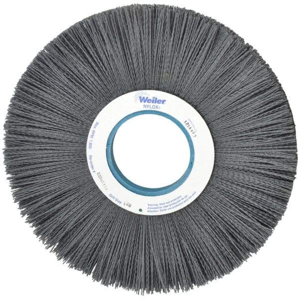 Weiler - 12" OD, 3-1/4" Arbor Hole, Crimped Nylon Wheel Brush - 1" Face Width, 3-5/16" Trim Length, 0.04" Filament Diam, 1,800 RPM - Caliber Tooling