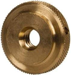 Gibraltar - 1/4-20" UNC Thread, Uncoated, Brass Round Knurled Check Nut - 1/4" Overall Height, 7/8" Diam x 3/16" Head Height, 5/8" Diam x 1/16" Base Height - Caliber Tooling