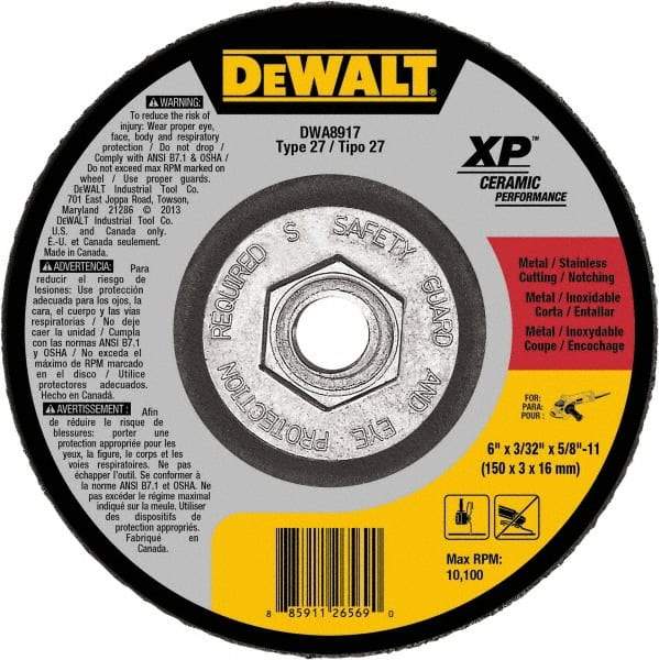 DeWALT - 24 Grit, 6" Wheel Diam, Type 27 Depressed Center Wheel - Coarse/Medium Grade, Ceramic, N Hardness, 10,100 Max RPM - Caliber Tooling