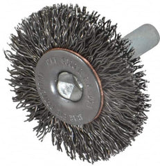 Made in USA - 1-1/2" OD, 1/4" Shank Diam, Crimped Steel Wheel Brush - 1/4" Face Width, 0.014" Filament Diam, 6,000 RPM - Caliber Tooling