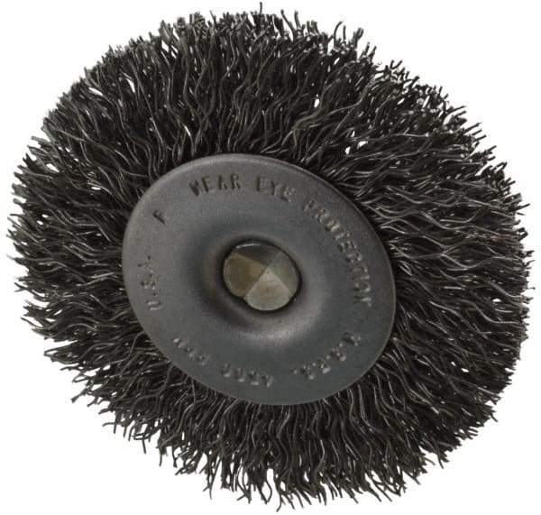 Made in USA - 2-1/2" OD, 1/4" Shank Diam, Crimped Steel Wheel Brush - 1/4" Face Width, 0.014" Filament Diam, 4,500 RPM - Caliber Tooling