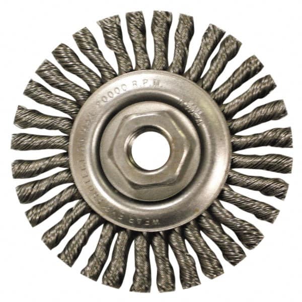 Anderson - 4" OD, M10x1.50 Arbor Hole, Knotted Stainless Steel Wheel Brush - 1/4" Face Width, 7/8" Trim Length, 0.02" Filament Diam, 20,000 RPM - Caliber Tooling