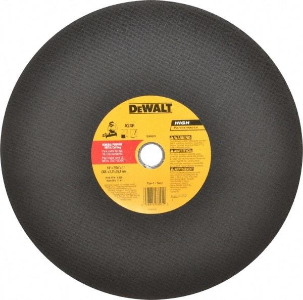 DeWALT - 14" Aluminum Oxide Cutoff Wheel - 7/64" Thick, 1" Arbor, 4,300 Max RPM, Use with Stationary Tools - Caliber Tooling