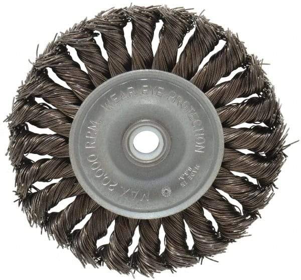 Anderson - 4" OD, 1/2" Arbor Hole, Knotted Steel Wheel Brush - 1/2" Face Width, 1" Trim Length, 0.02" Filament Diam, 20,000 RPM - Caliber Tooling