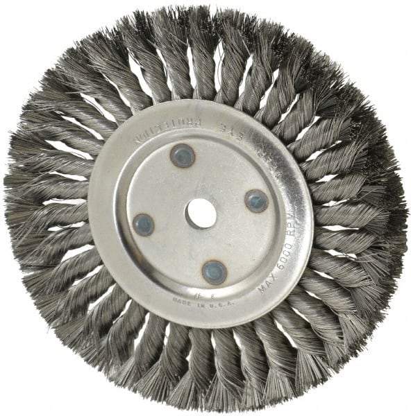 Anderson - 8" OD, 5/8" Arbor Hole, Knotted Steel Wheel Brush - 5/8" Face Width, 1-3/4" Trim Length, 0.014" Filament Diam, 6,000 RPM - Caliber Tooling