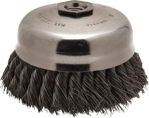 Anderson - 5" Diam, 5/8-11 Threaded Arbor, Steel Fill Cup Brush - 0.014 Wire Diam, 1-1/4" Trim Length, 7,000 Max RPM - Caliber Tooling