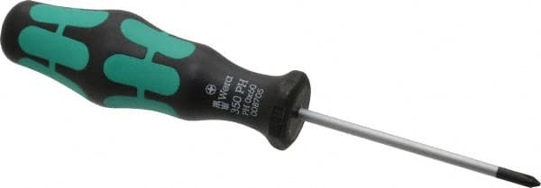 Wera - #0, 5-1/2" OAL, Standard Phillips Screwdriver - 2-3/8" Blade Length, Round Shank, Ergonomic Handle - Caliber Tooling