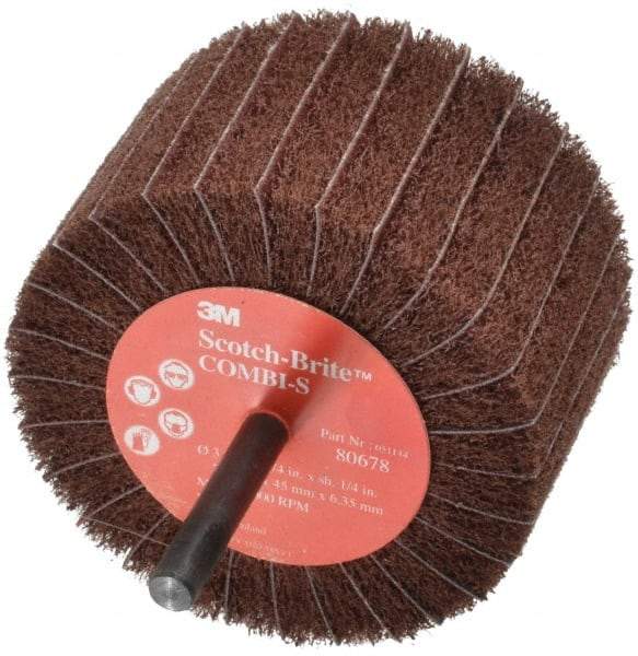 3M - 3" Diam x 1-3/4" Face Width, Fine Aluminum Oxide Coated Mounted Flap Wheel - 1/4" Shank Mount, 120 Grit, X Weighted Backing, 7,500 Max RPM - Caliber Tooling