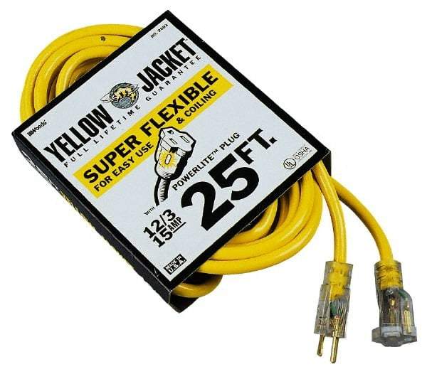 Southwire - 25', 12/3 Gauge/Conductors, Yellow Outdoor Extension Cord - 1 Receptacle, 15 Amps, 125 VAC, UL SJTW-A, NEMA 5-15P, 5-15R - Caliber Tooling