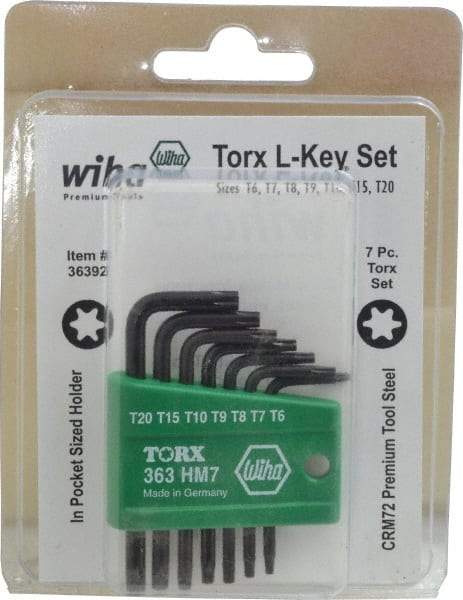 Wiha - 7 Piece T6 to T20 L-Key Short Arm Torx Key Set - T6, T7, T8, T9, T10, T15, T20 Torx Size - Caliber Tooling