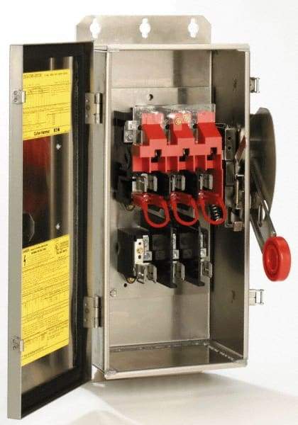 Eaton Cutler-Hammer - 100 Amp, 250 VDC, 480-600 VAC, 3 Pole Fused Safety Switch - NEMA 3R, 3 Phase, 30 hp at 480 VAC, 40 hp at 600 VAC (Single Phase), 60 hp at 480 VAC, 75 hp at 600 VAC (Triple Phase), 3PST Contact Form - Caliber Tooling