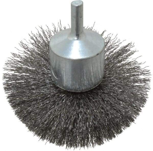 Weiler - 3" Brush Diam, Crimped, Flared End Brush - 1/4" Diam Shank, 16,000 Max RPM - Caliber Tooling