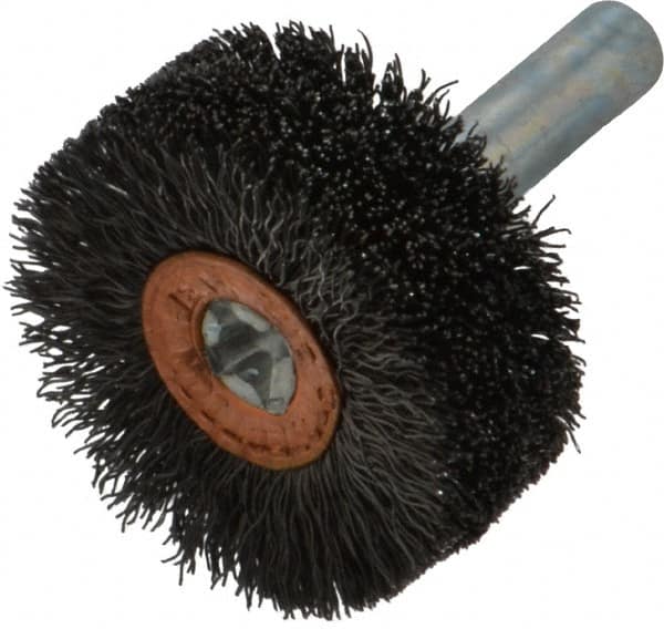 Weiler - 1-1/4" OD, 1/4" Shank Diam, Crimped Steel Wheel Brush - 1/2" Face Width, 3/8" Trim Length, 0.008" Filament Diam, 20,000 RPM - Caliber Tooling