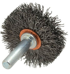 Weiler - 1-1/2" OD, 1/4" Shank Diam, Crimped Steel Wheel Brush - 1/2" Face Width, 1/2" Trim Length, 0.0118" Filament Diam, 20,000 RPM - Caliber Tooling