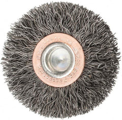 Weiler - 2" OD, 1/4" Shank Diam, Crimped Steel Wheel Brush - 3/8" Face Width, 1/2" Trim Length, 0.0118" Filament Diam, 20,000 RPM - Caliber Tooling