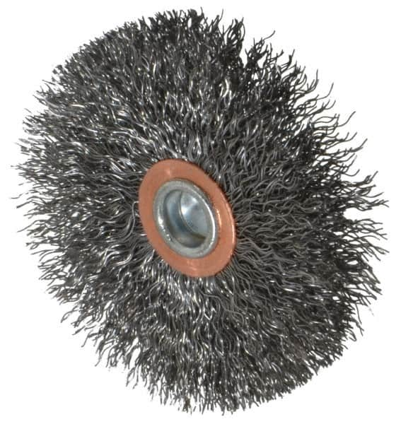 Weiler - 3" OD, 1/4" Shank Diam, Crimped Steel Wheel Brush - 1/2" Face Width, 1" Trim Length, 0.0118" Filament Diam, 20,000 RPM - Caliber Tooling