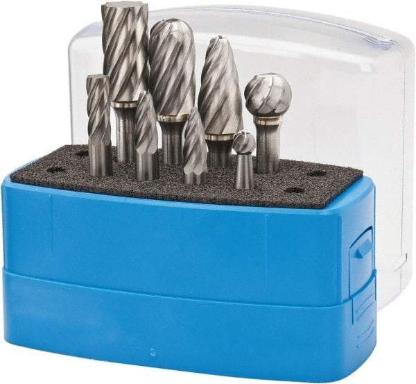 Made in USA - 8 Piece, 1/4" Shank Burr Set - Tungsten Carbide, Multiple Head Shape - Caliber Tooling