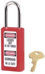 Master Lock - Keyed Alike Conductive Lockout Padlock - 1-1/2" Shackle Clearance, 1/4" Shackle Diam, 1-3/4" Body Height x 1-1/2" Body Width, Red, 6 Pins - Caliber Tooling