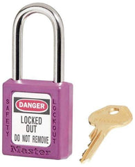 Master Lock - Keyed Alike Conductive Lockout Padlock - 1-1/2" Shackle Clearance, 1/4" Shackle Diam, 1-3/4" Body Height x 1-1/2" Body Width, Purple, 6 Pins - Caliber Tooling