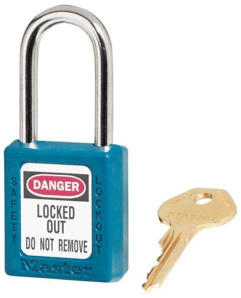 Master Lock - Keyed Alike Conductive Lockout Padlock - 1-1/2" Shackle Clearance, 1/4" Shackle Diam, 1-3/4" Body Height x 1-1/2" Body Width, Teal, 6 Pins - Caliber Tooling