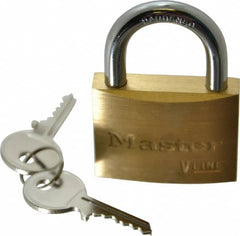 Master Lock - 15/16" Shackle Clearance, Keyed Different Padlock - 9/32" Shackle Diam, Brass - Caliber Tooling