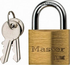 Master Lock - 13/16" Shackle Clearance, Keyed Different Padlock - 1/4" Shackle Diam, Brass - Caliber Tooling