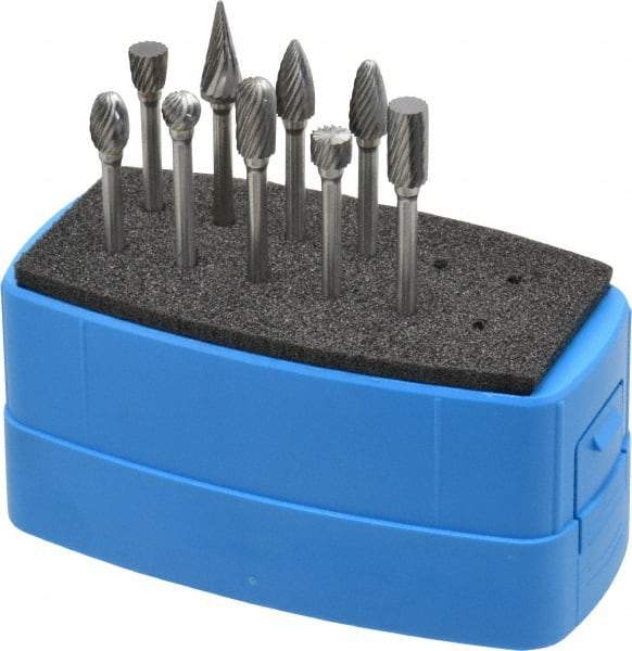 Made in USA - 9 Piece, 1/8" Shank Burr Set - Solid Carbide, Multiple Head Shapes - Caliber Tooling