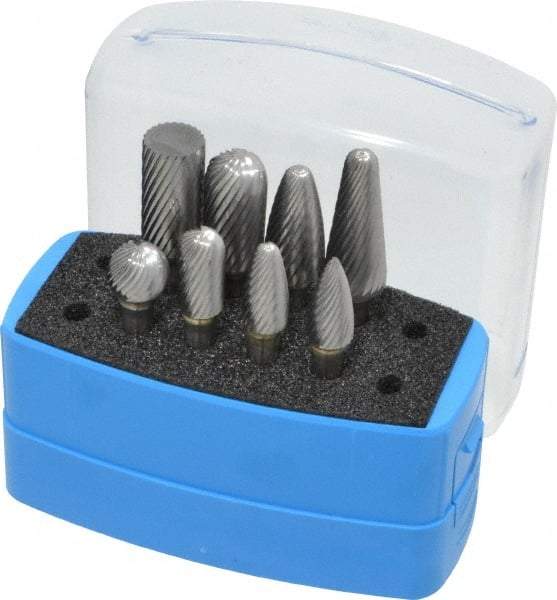 Made in USA - 8 Piece, 1/4" Shank Burr Set - Solid Carbide, Multiple Head Shapes, 14° Included Angle - Caliber Tooling