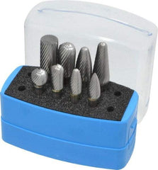 Made in USA - 8 Piece, 1/4" Shank Burr Set - Solid Carbide, Multiple Head Shapes, 14° Included Angle - Caliber Tooling