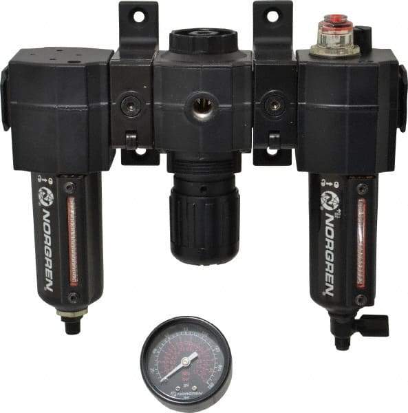 Norgren - 3/8" NPT Port Intermediate 3 Piece Filter-Regulator-Lubricator FRL Unit - Metal Bowl, 75 SCFM, 250 Max psi, 82" High x 9.13" Long, Automatic Drain - Caliber Tooling