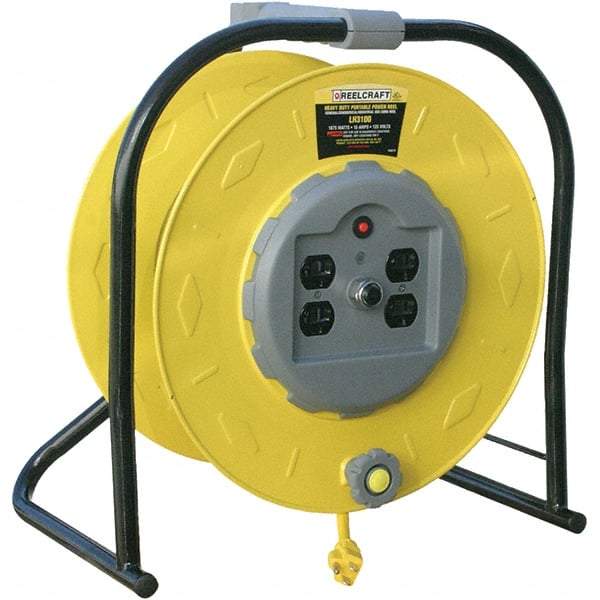 Reelcraft - 10 AWG, 100' Cable Length, Cord & Cable Reel with Quad Outlet End - 4 Outlets, 15 Amps, 125 Volts, STW Cable, Yellow Reel, Hand Crank Reel - Caliber Tooling